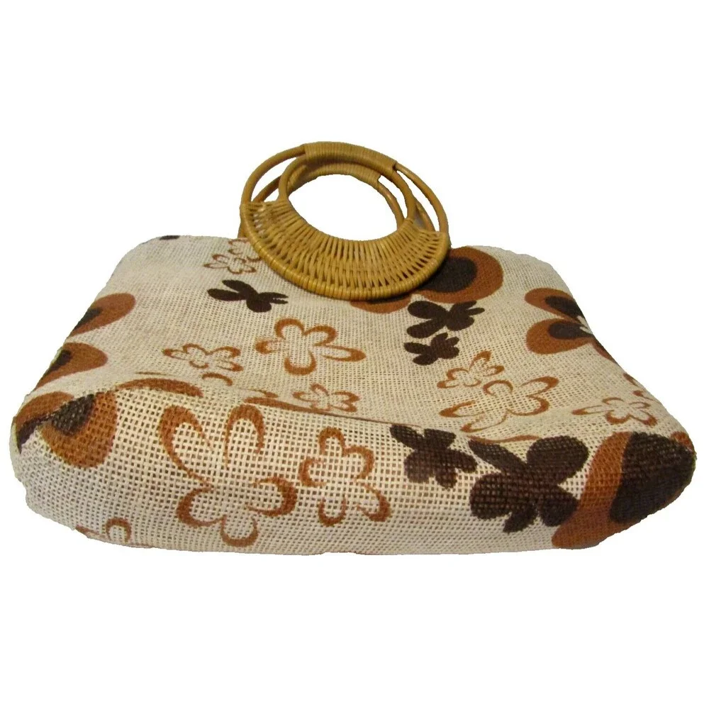 Large Floral Tote Vintage 70s Brown Canvas Rattan Purse Bag Lined Boho Hippie